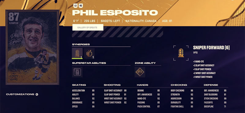 NHL 24 87 OVR Phil Esposito